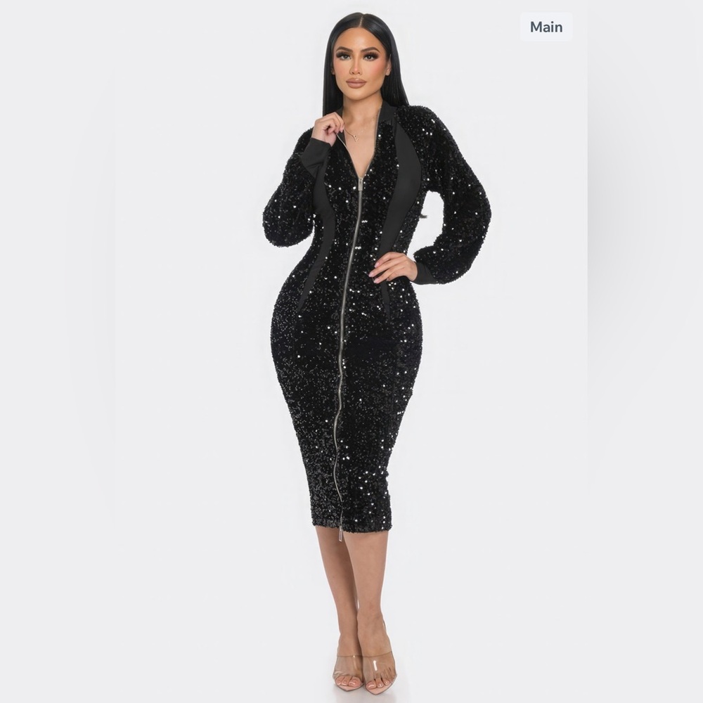 NWT BOUTIQUE_ Midi 2 Way Zip Up Sequin Contrast black Dress women’s